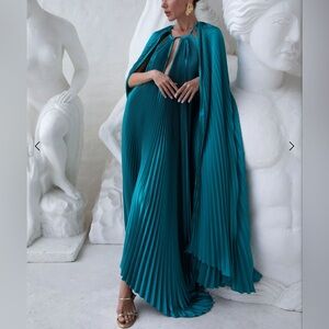 L’IDEE Boheme gown pleated maxi dress with cape in Jewel